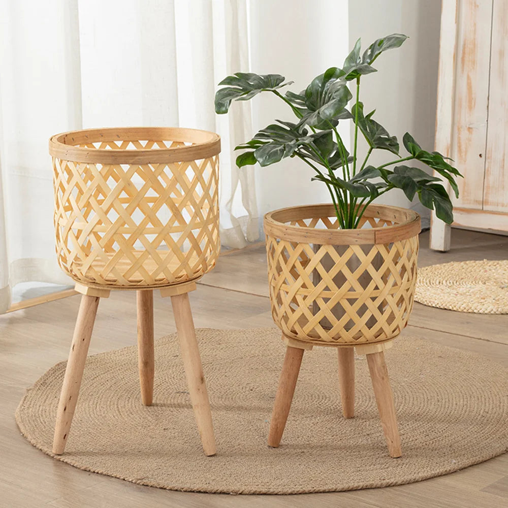 Maceta de bambú hecha a mano con soporte para flores