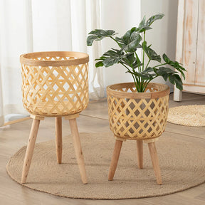 Maceta de bambú hecha a mano con soporte para flores
