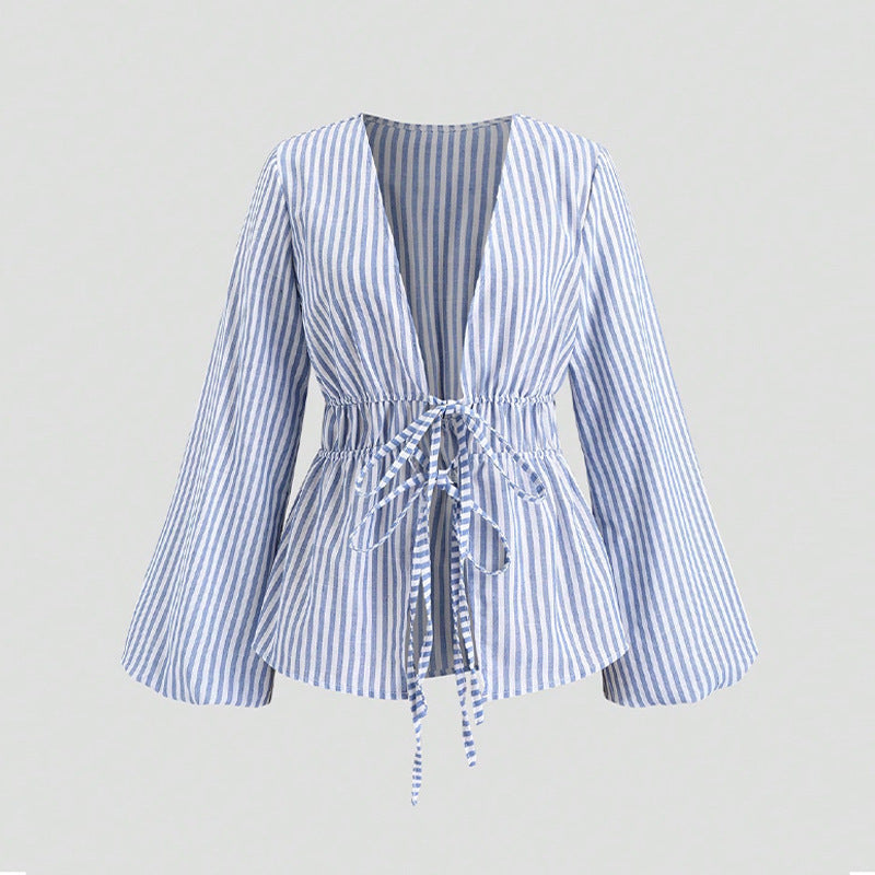European And American Style Striped Long-sleeve Tie-waist Women's Shirt