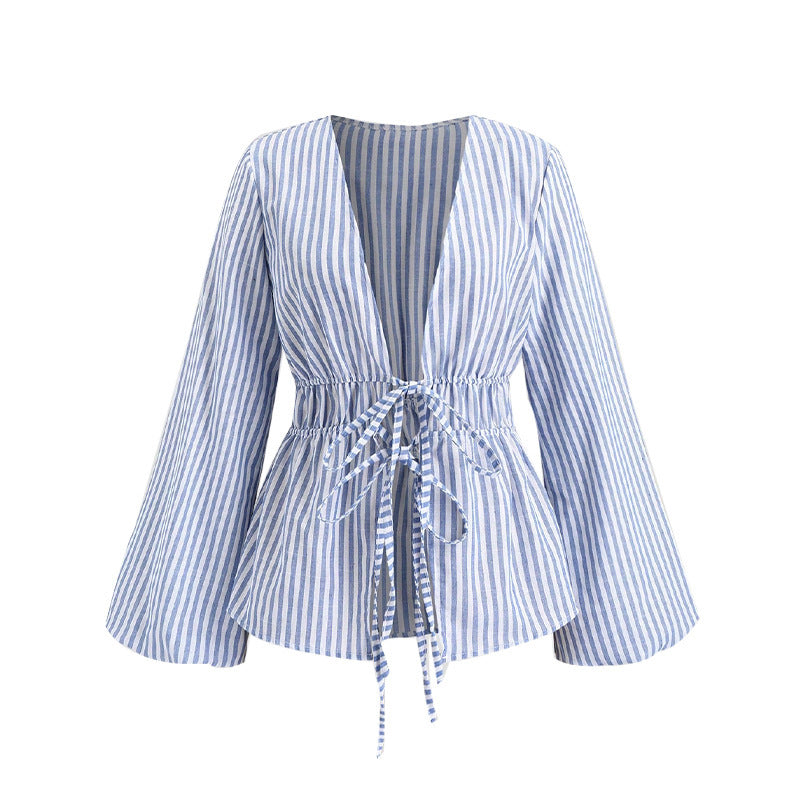 European And American Style Striped Long-sleeve Tie-waist Women's Shirt