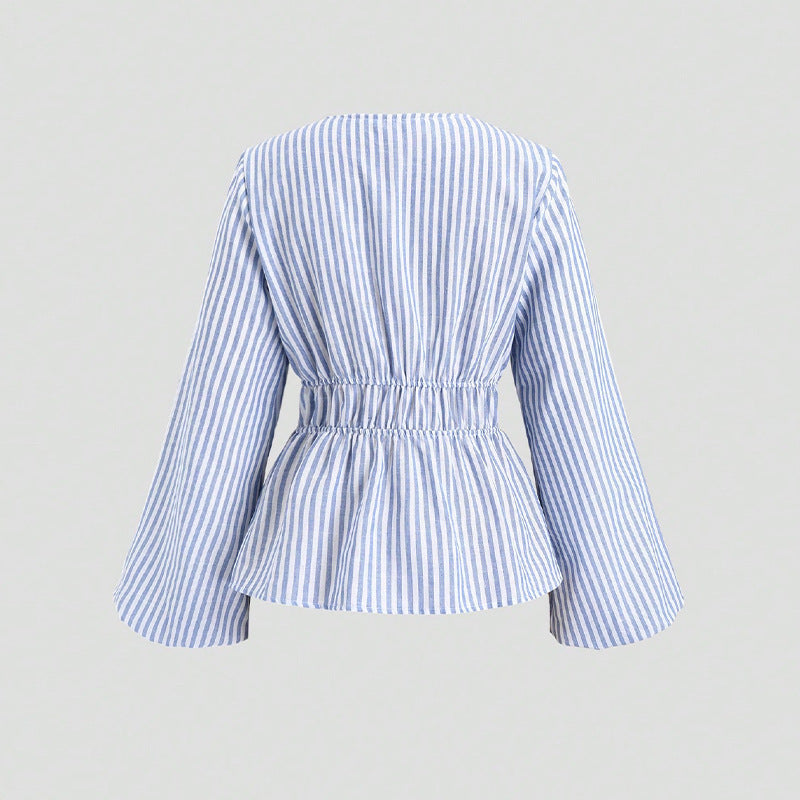European And American Style Striped Long-sleeve Tie-waist Women's Shirt